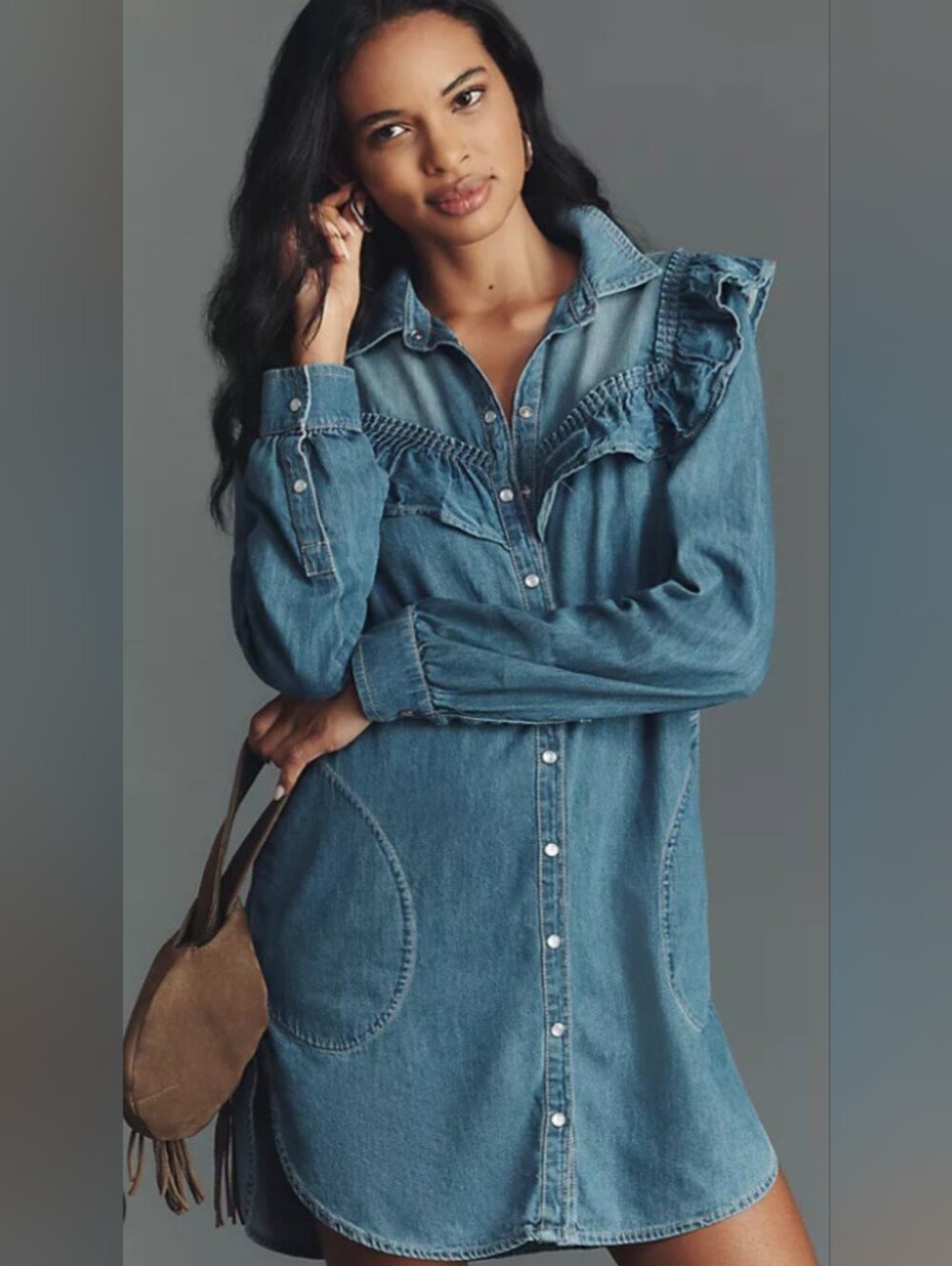 PILCRO long Sleeves Ruffled Denim Mini Shirt Dress In XS